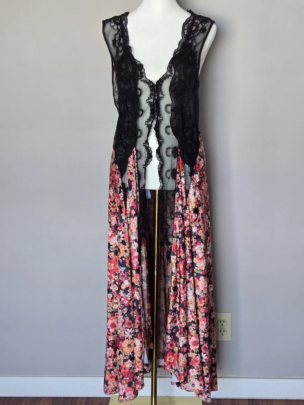 Free People Hideaway Maxi Dress Vest Top XS Lace Velvet Floral Gothic